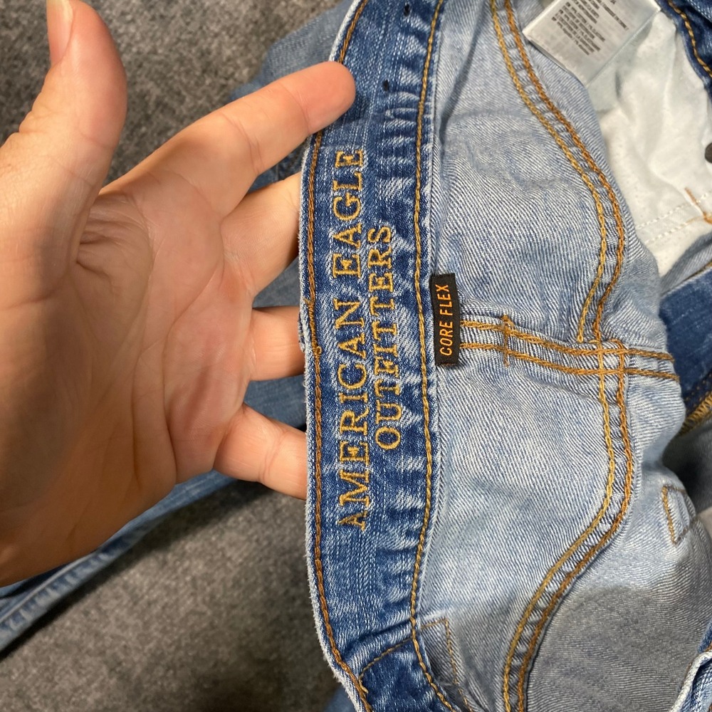 American‎ Eagle Mens Skinny Core Flex Distressed Patched Jeans Blue 32x34 - Picture 8 of 11